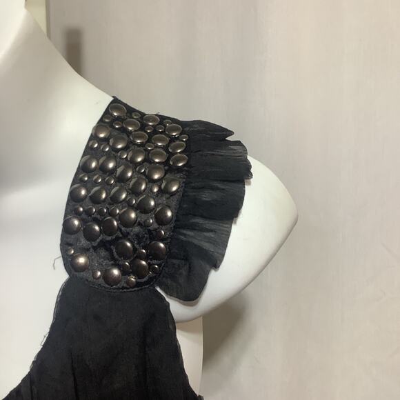 Glam Goth Black Ruffled Sleeveless Blouse Studded Strap Classy Dressy M - Picture 2 of 5
